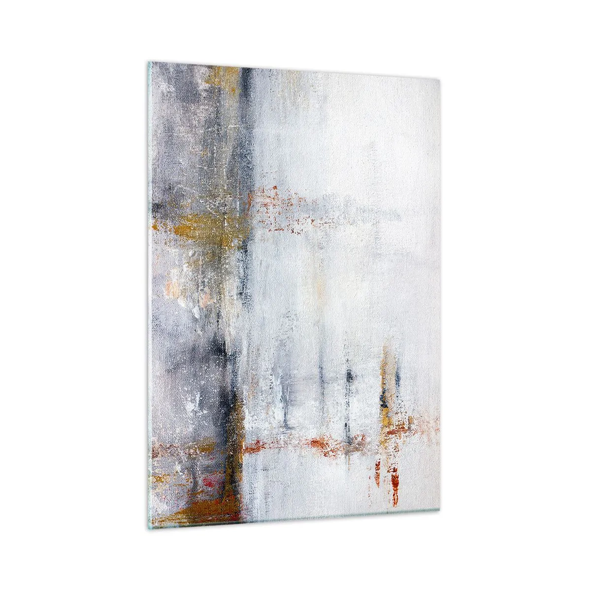 Impression sur verre - Image sur verre - Une peinture abstraite présentant une subtile combinaison de gris, de blanc et d'or. - 50x70cm - Derrière l'air un rideau - Décoration murale moderne pour le salon et la chambre ARTTOR