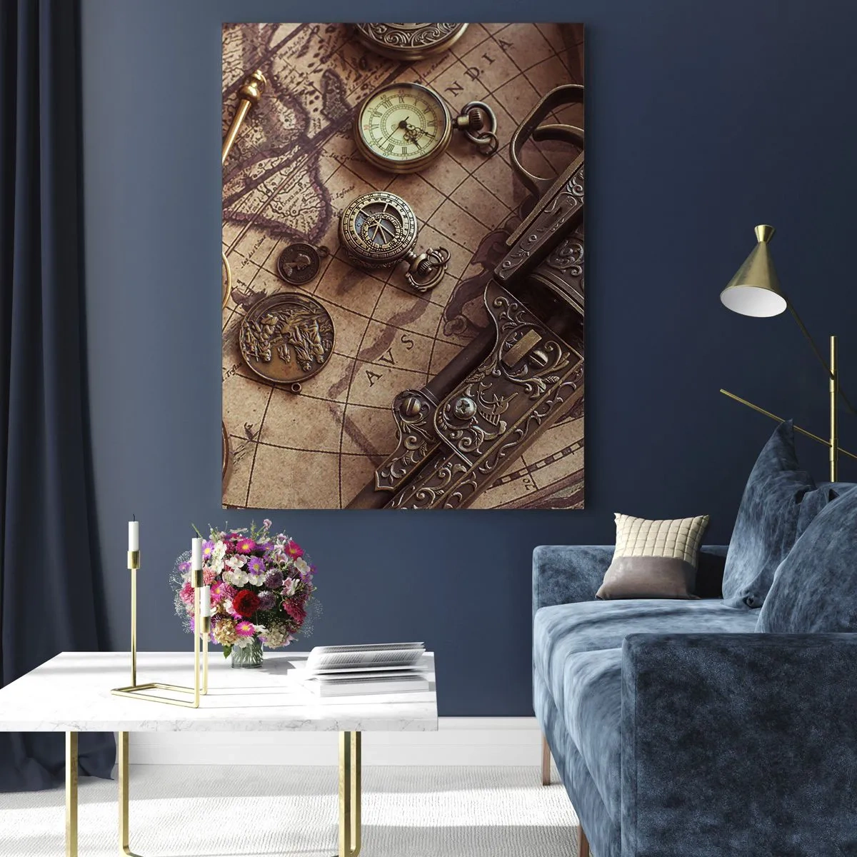 Impression sur verre - Image sur verre - Objets anciens sur une vieille carte dans un style rétro - 70x100cm - L'aventure appelle - Décoration murale moderne pour le salon et la chambre ARTTOR