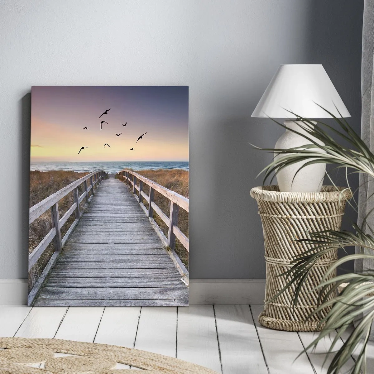 Impression sur toile - Image sur toile - Jetée en bois menant à la plage au coucher du soleil - 50x70cm - Envol des espaces - Décoration murale moderne pour le salon et la chambre ARTTOR