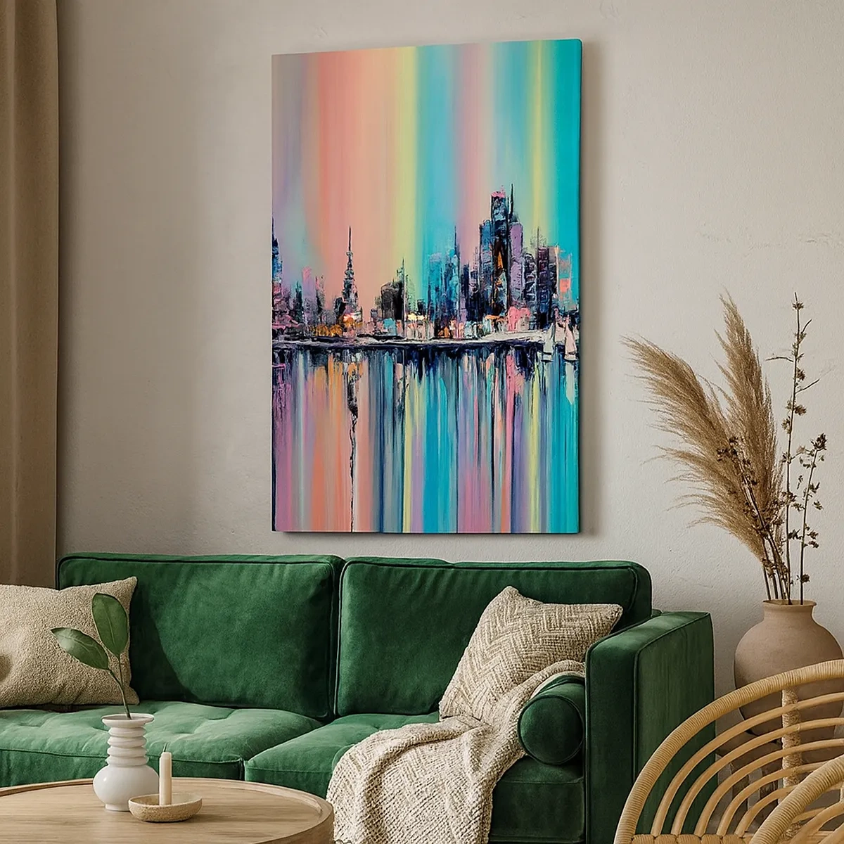 Impression sur toile - Image sur toile - Paysage urbain coloré avec reflet sur l'eau - 50x70cm - Noyé par la lumière de la nuit - Décoration murale moderne pour le salon et la chambre ARTTOR
