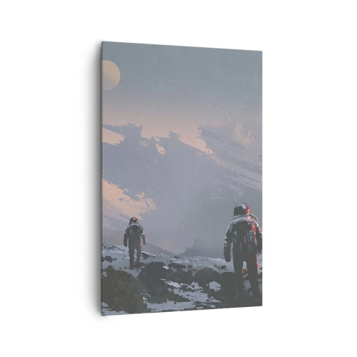 Impression sur toile - Image sur toile - Des astronautes sur une planète extraterrestre avec une épave de vaisseau spatial - 80x120cm - Sous une étoile inconnue - Décoration murale moderne pour le salon et la chambre ARTTOR
