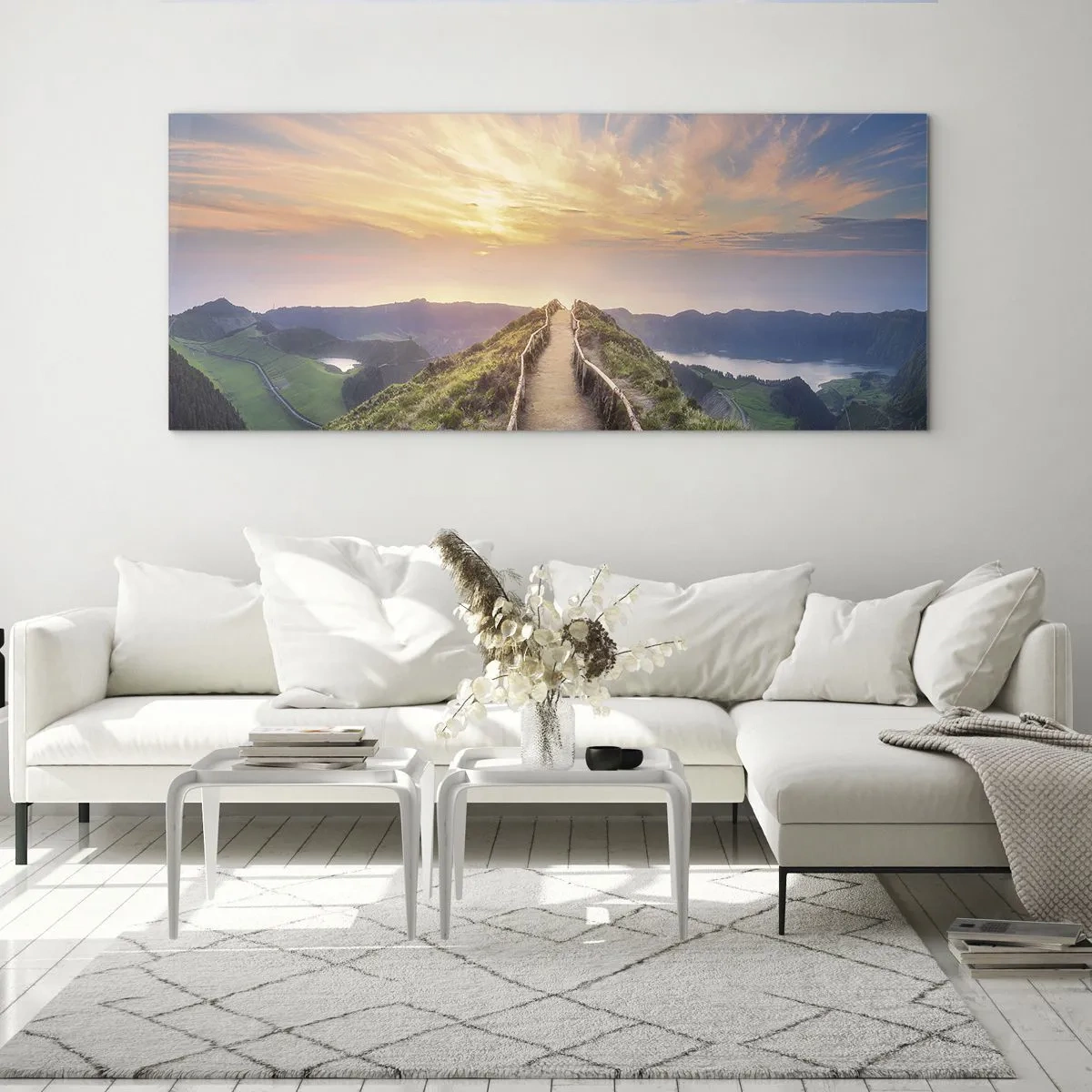 Impression sur verre - Image sur verre - Un sentier pittoresque sur une colline avec vue sur le coucher de soleil - 140x50cm - Proche du ciel - Décoration murale moderne pour le salon et la chambre ARTTOR