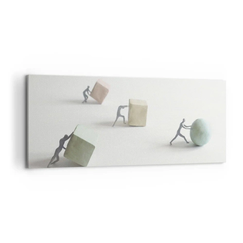 Impression sur toile - Image sur toile - Figurines miniatures poussant des formes sur un fond clair - 120x50cm - Rien que la vie - Décoration murale moderne pour le salon et la chambre ARTTOR