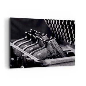 Impression sur toile - Image sur toile - Une image en noir et blanc d'une pile d'armes dans une valise. - 100x70cm - Sport masculin - Décoration murale moderne pour le salon et la chambre ARTTOR