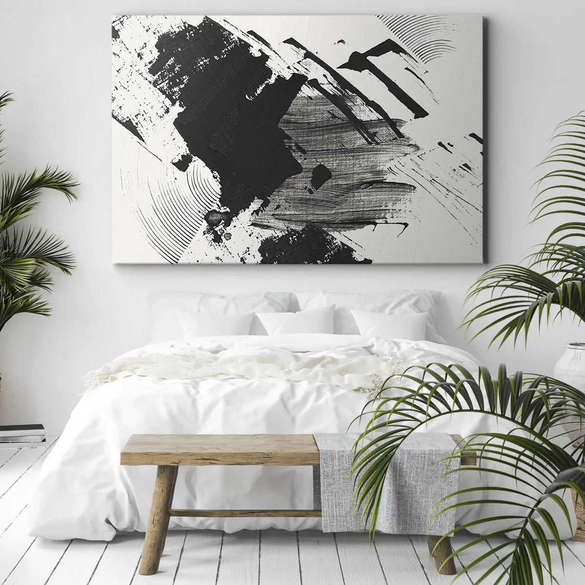 Impression sur toile - Image sur toile - Traits abstraits de noir sur fond blanc - 70x50cm - Abstraction – expression du noir - Décoration murale moderne pour le salon et la chambre ARTTOR