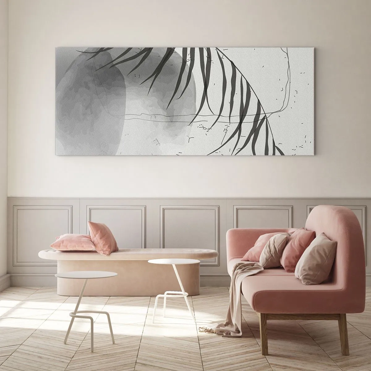 Impression sur verre - Image sur verre - Un délicat motif de feuille de palmier sur un fond clair dans un style scandinave. - 140x50cm - L'exotisme subtil de la nature - Décoration murale moderne pour le salon et la chambre ARTTOR