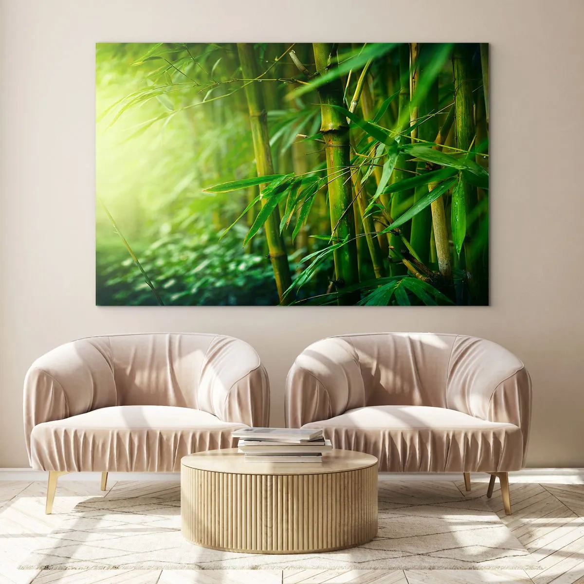 Impression sur verre - Image sur verre - Forêt de bambous verts au soleil - 120x80cm - Apprenez à connaître le vert lui-même - Décoration murale moderne pour le salon et la chambre ARTTOR