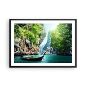 Affiche dans un cadre noir - Poster - Un bateau traditionnel sur fond de falaises tropicales et d'eaux turquoises - 70x50cm - Une invitation à un voyage exotique - Décoration murale moderne pour le salon et la chambre ARTTOR