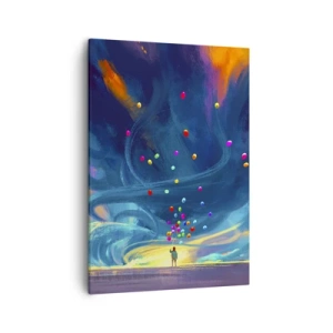 Impression sur toile - Image sur toile - Une silhouette avec des ballons sur un fond de nuages tourbillonnants et colorés - 50x70cm - Au vent bleu ciel - Décoration murale moderne pour le salon et la chambre ARTTOR