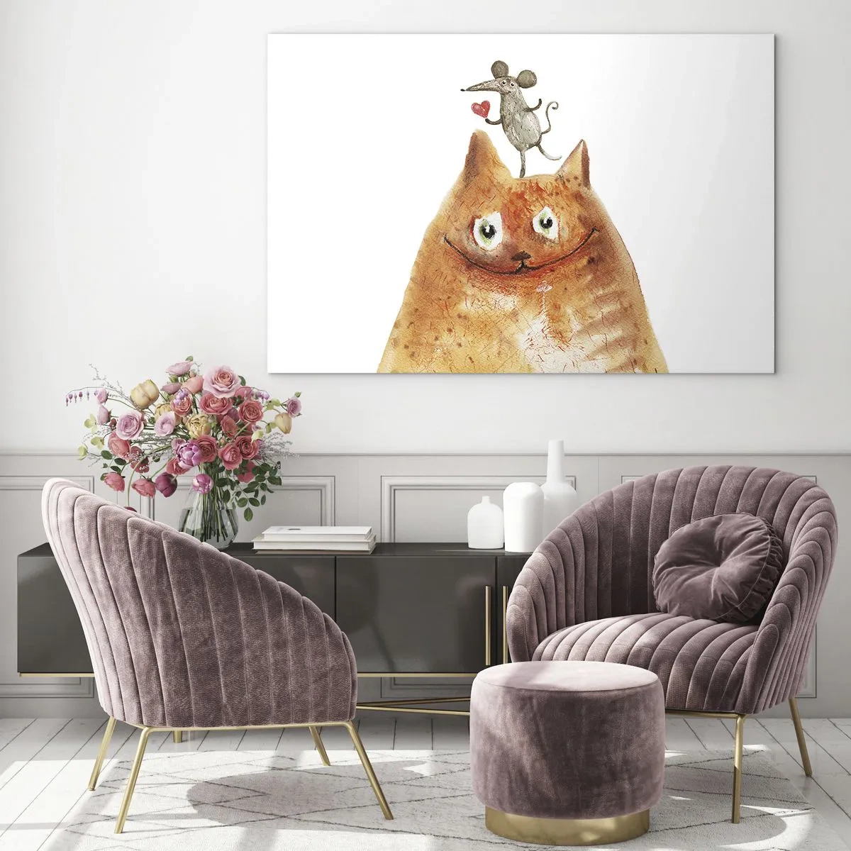 Impression sur verre - Image sur verre - Un chat avec une souris sur la tête dans un style humoristique - 70x50cm - Amour paradoxal - Décoration murale moderne pour le salon et la chambre ARTTOR