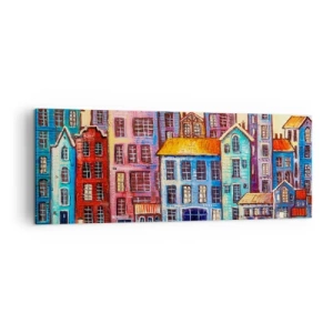 Impression sur toile - Image sur toile - Maisons colorées au bord de l'eau dans un style artistique - 140x50cm - Une ville comme dans un conte de fées - Décoration murale moderne pour le salon et la chambre ARTTOR