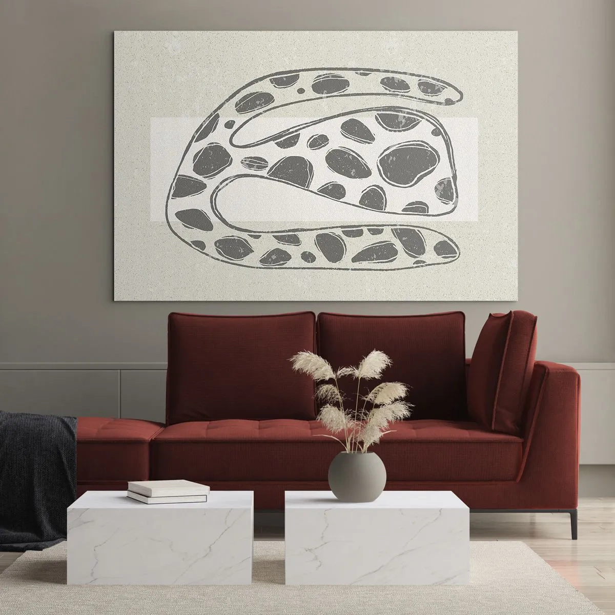 Impression sur verre - Image sur verre - Une forme organique fantaisiste dans des tons de gris sur beige - 70x50cm - Une étrange créature - Décoration murale moderne pour le salon et la chambre ARTTOR