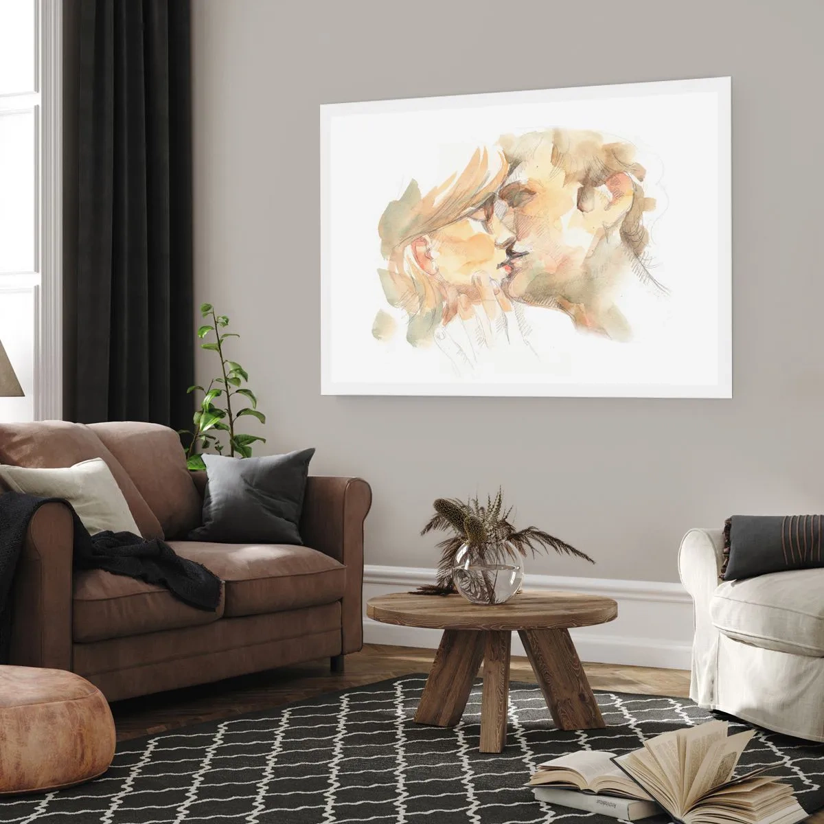Affiche - Poster - Portrait romantique à l'aquarelle d'un couple s'embrassant - 100x70cm - A moitié trouvé ? - Décoration murale moderne pour le salon et la chambre ARTTOR