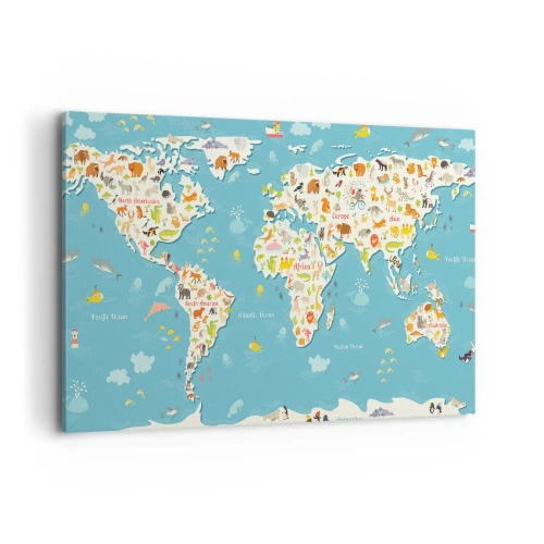 Impression sur toile - Image sur toile - Carte du monde colorée avec des illustrations d'animaux - 100x70cm - Nous aimons le monde entier - Décoration murale moderne pour le salon et la chambre ARTTOR