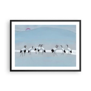 Affiche dans un cadre noir - Poster - Un groupe de grues contre un ciel bleu et le soleil levant - 70x50cm - Après une chaude journée - Décoration murale moderne pour le salon et la chambre ARTTOR