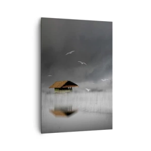 Impression sur toile - Image sur toile - Un chalet solitaire sur l'eau entouré de brouillard et d'oiseaux - 70x100cm - A l'abri de la pluie - Décoration murale moderne pour le salon et la chambre ARTTOR
