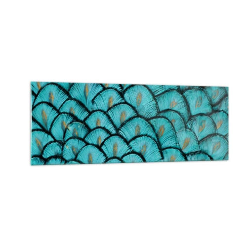 Impression sur verre - Image sur verre - Un motif ressemblant à des écailles turquoise avec des accents dorés - 140x50cm - Le grand gala des plumes - Décoration murale moderne pour le salon et la chambre ARTTOR