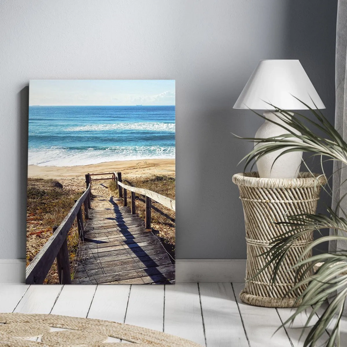 Impression sur toile - Image sur toile - Chemin en bois menant à la plage - 50x70cm - Cours! - Décoration murale moderne pour le salon et la chambre ARTTOR