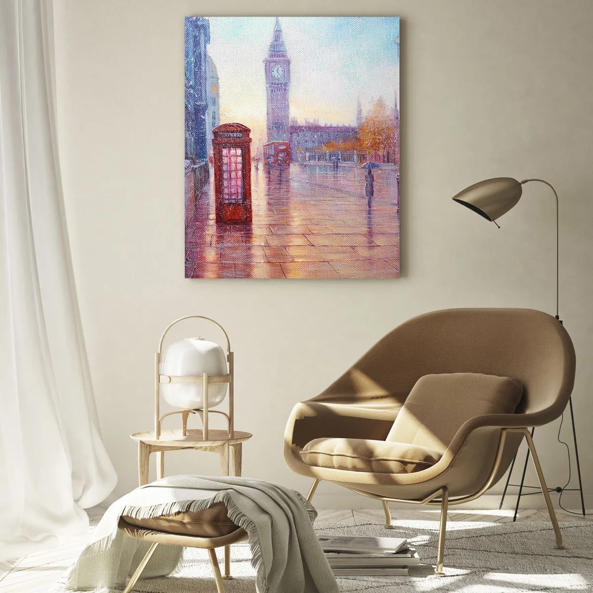 Impression sur verre - Image sur verre - Scène londonienne sous la pluie avec Big Ben et la boîte rouge - 50x70cm - Jour automnal londonien - Décoration murale moderne pour le salon et la chambre ARTTOR