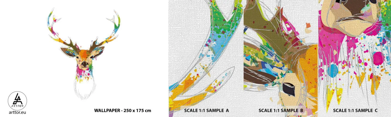Échantillon de Papier Peint Premium Canvas - Un cerf doux baigné de couleur - Abstraction, Animaux, Cerf - 100x30 cm