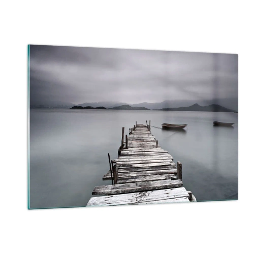 Impression sur verre - Image sur verre - Une jetée en bois sur un lac par temps brumeux - 120x80cm - Tu peux partir demain - Décoration murale moderne pour le salon et la chambre ARTTOR
