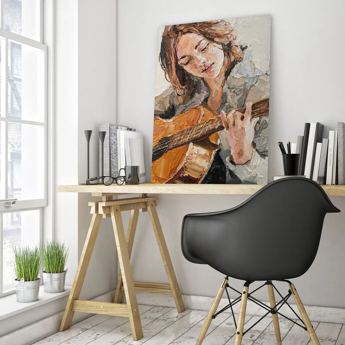 Impression sur verre - Image sur verre - Une fille jouant de la guitare dans un style impressionniste - 50x70cm - Concerto pour guitare et coeur de fille - Décoration murale moderne pour le salon et la chambre ARTTOR