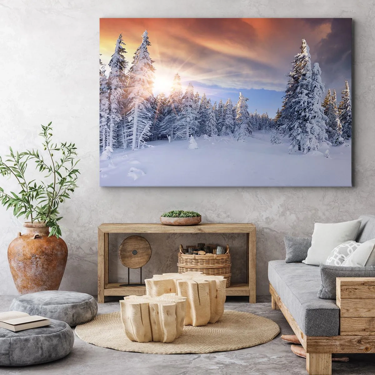 Impression sur toile - Image sur toile - Paysage d'hiver avec une forêt enneigée au coucher du soleil - 70x50cm - Un spectacle enneigé de la nature - Décoration murale moderne pour le salon et la chambre ARTTOR