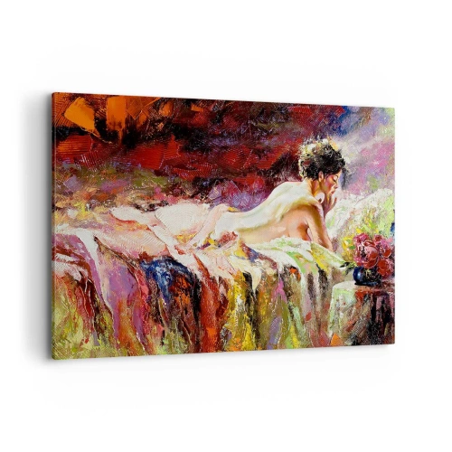 Impression sur toile - Image sur toile - Une femme allongée sur un lit sur un fond de couleurs abstraites. - 120x80cm - Vénus en pensée - Décoration murale moderne pour le salon et la chambre ARTTOR