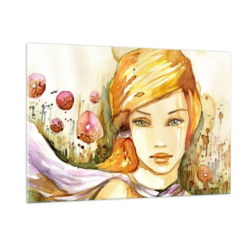 Impression sur verre - Image sur verre - Portrait d'une femme dans un style aquarelle avec abstraction - 120x80cm - Un regard émeraude qui calme la colère - Décoration murale moderne pour le salon et la chambre ARTTOR