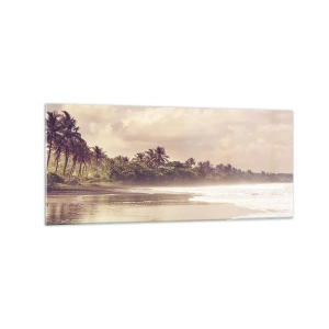 Impression sur verre - Image sur verre - Une plage avec des palmiers et des vagues douces le matin - 120x50cm - La caresse des vagues - Décoration murale moderne pour le salon et la chambre ARTTOR