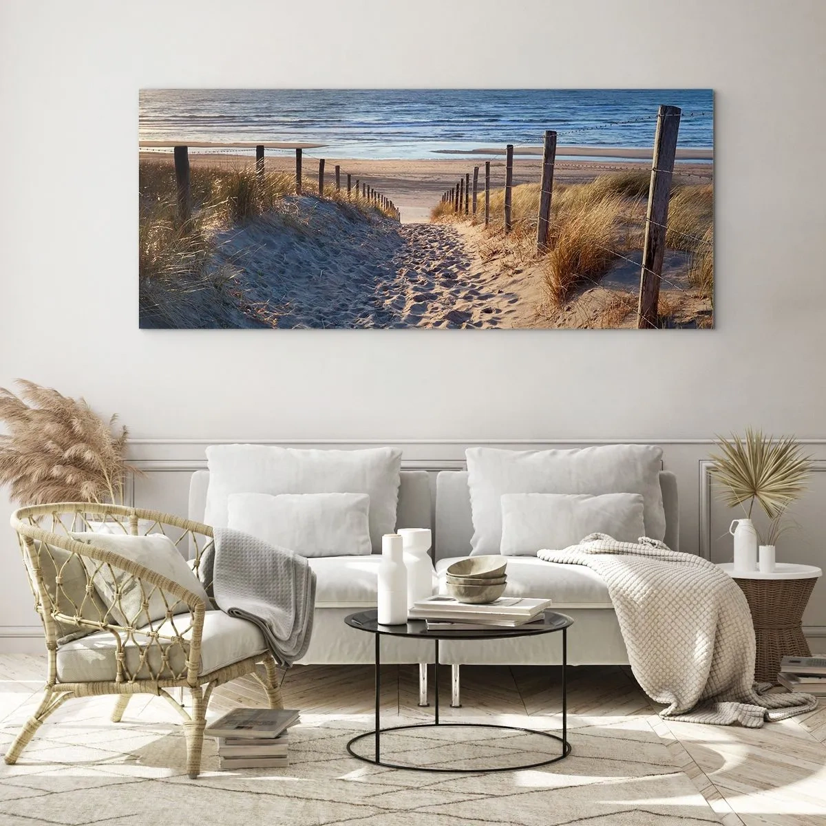 Impression sur verre - Image sur verre - Le bruit de la mer, le chant des oiseaux, une plage sauvage parmi les herbes… - 90x30 cm