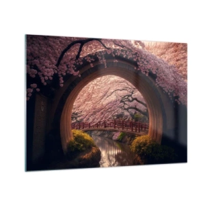 Impression sur verre - Image sur verre - Fleurs de cerisier et pont japonais vus à travers la porte ronde - 70x50cm - Printemps japonais - Décoration murale moderne pour le salon et la chambre ARTTOR