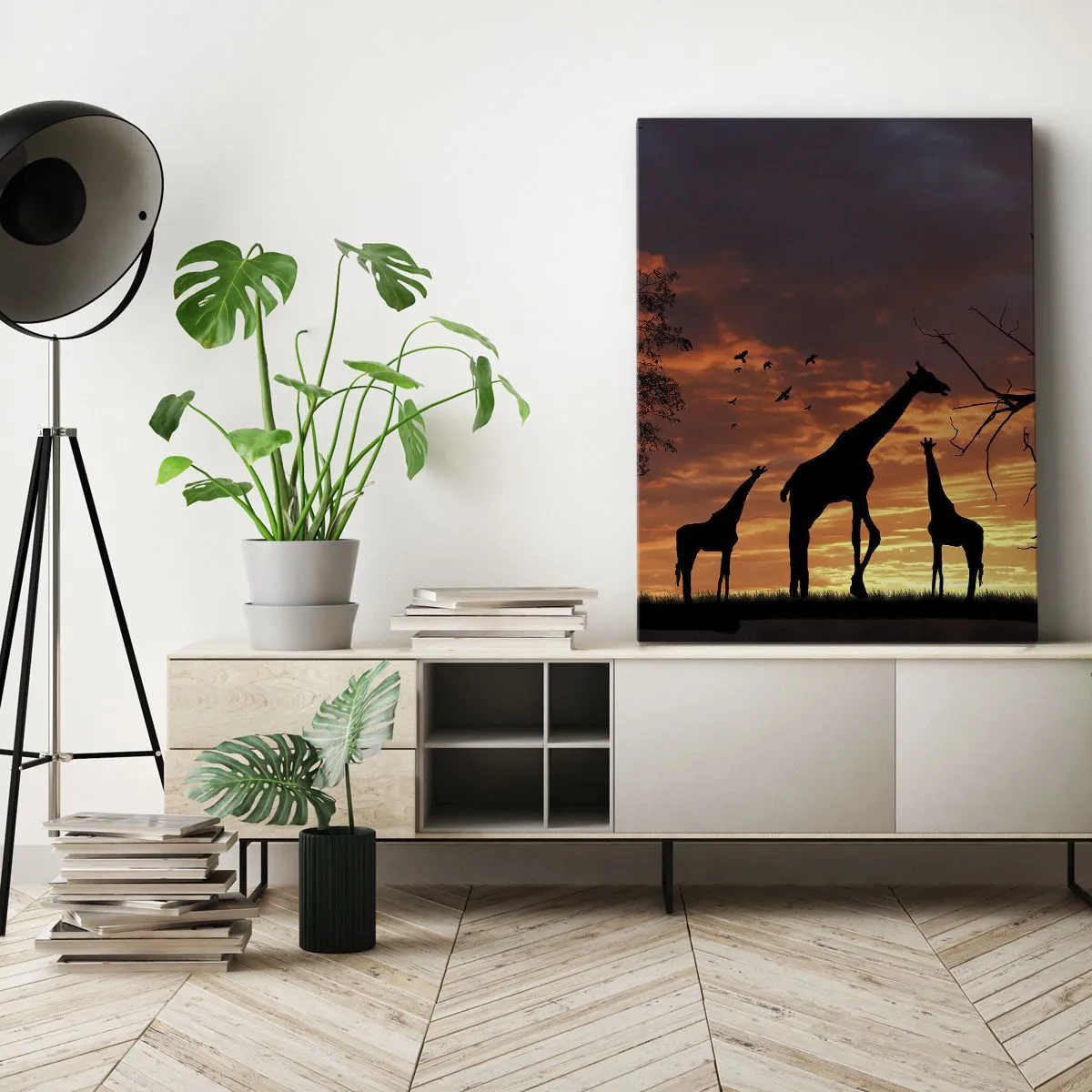 Impression sur toile - Image sur toile - Silhouettes de girafes sur fond de coucher de soleil africain - 70x100cm - Un petit dîner avec vos proches - Décoration murale moderne pour le salon et la chambre ARTTOR