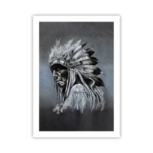 Affiche - Poster - Portrait d'un chef indien portant une coiffe de plumes sur fond gris - 50x70cm - Retour aux sources - Décoration murale moderne pour le salon et la chambre ARTTOR