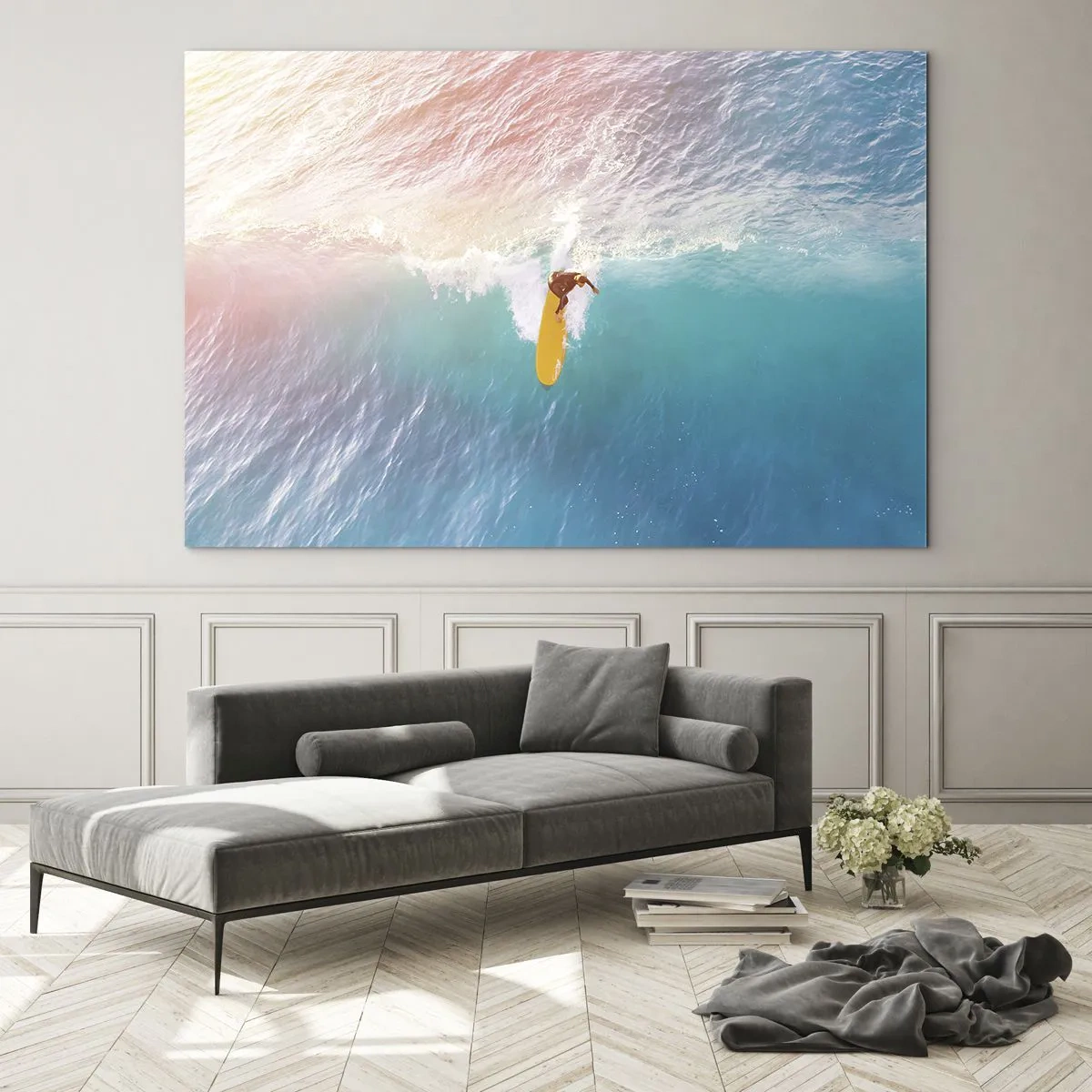 Impression sur verre - Image sur verre - Surfeur chevauchant une vague dans l'océan turquoise - 120x80cm - Le cavalier de l'océan - Décoration murale moderne pour le salon et la chambre ARTTOR