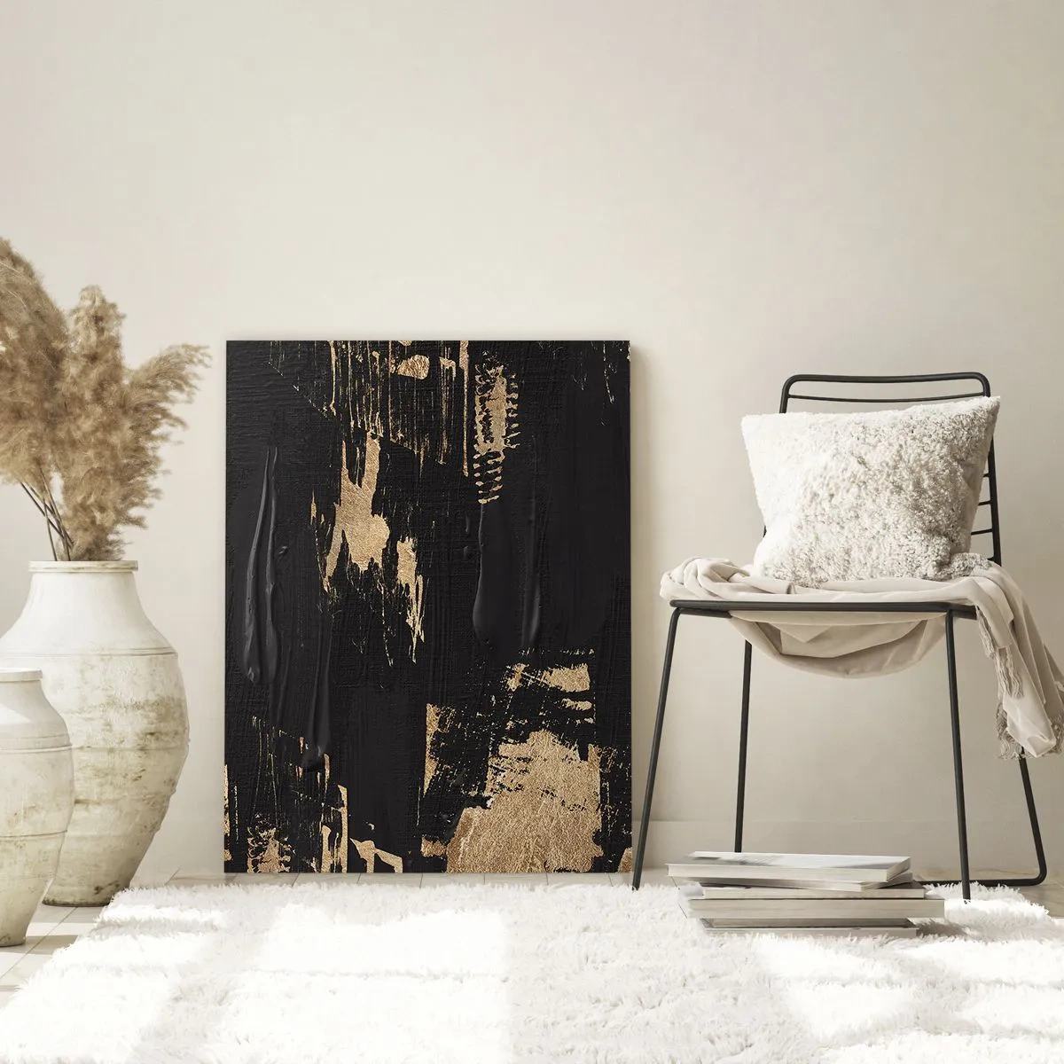 Impression sur verre - Image sur verre - Composition abstraite dans les tons de noir et d'or - 70x100cm - Empreinte du toucher - Décoration murale moderne pour le salon et la chambre ARTTOR