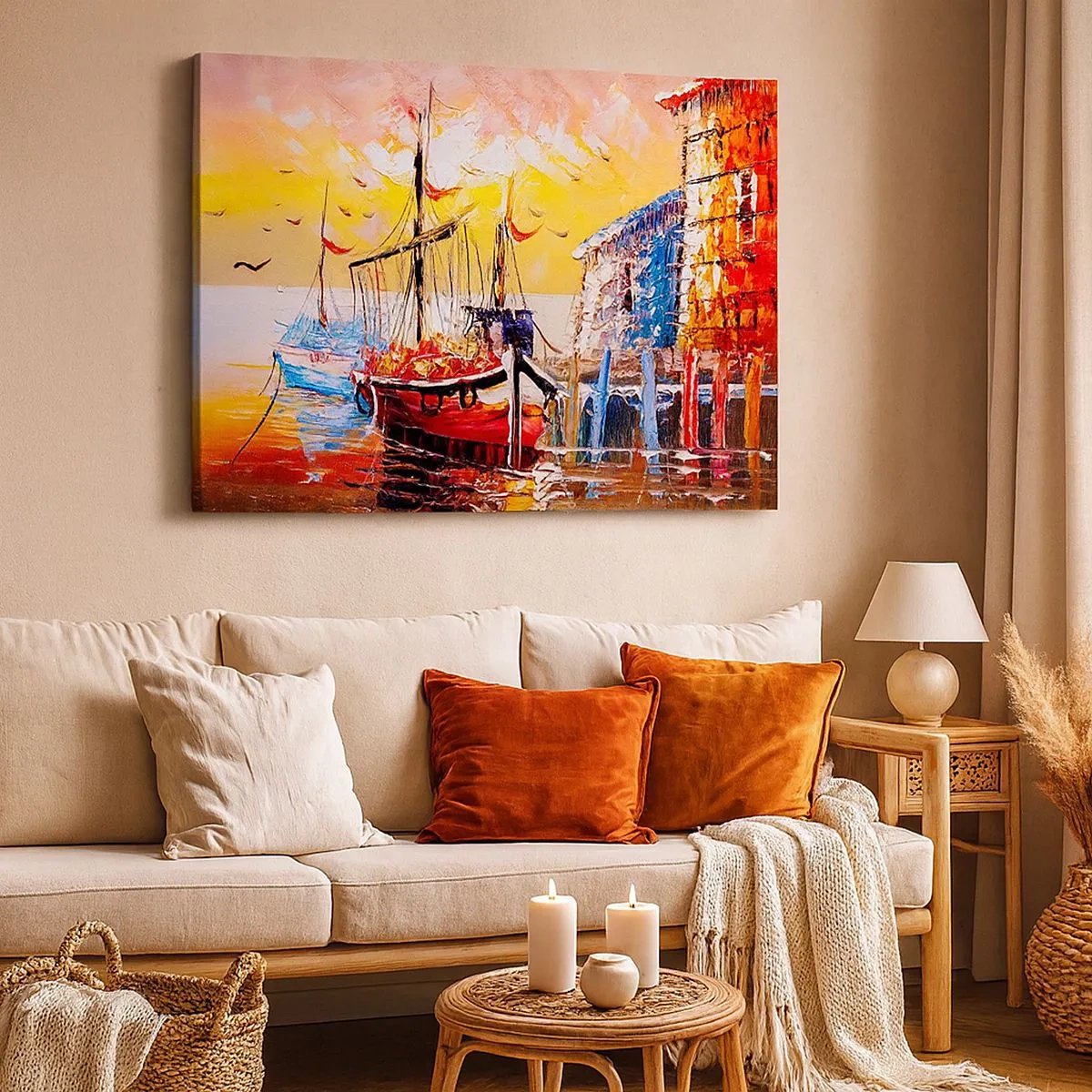 Impression sur toile - Image sur toile - Port pittoresque au coucher du soleil avec des bateaux de pêche - 70x50cm - Bon retour - Décoration murale moderne pour le salon et la chambre ARTTOR