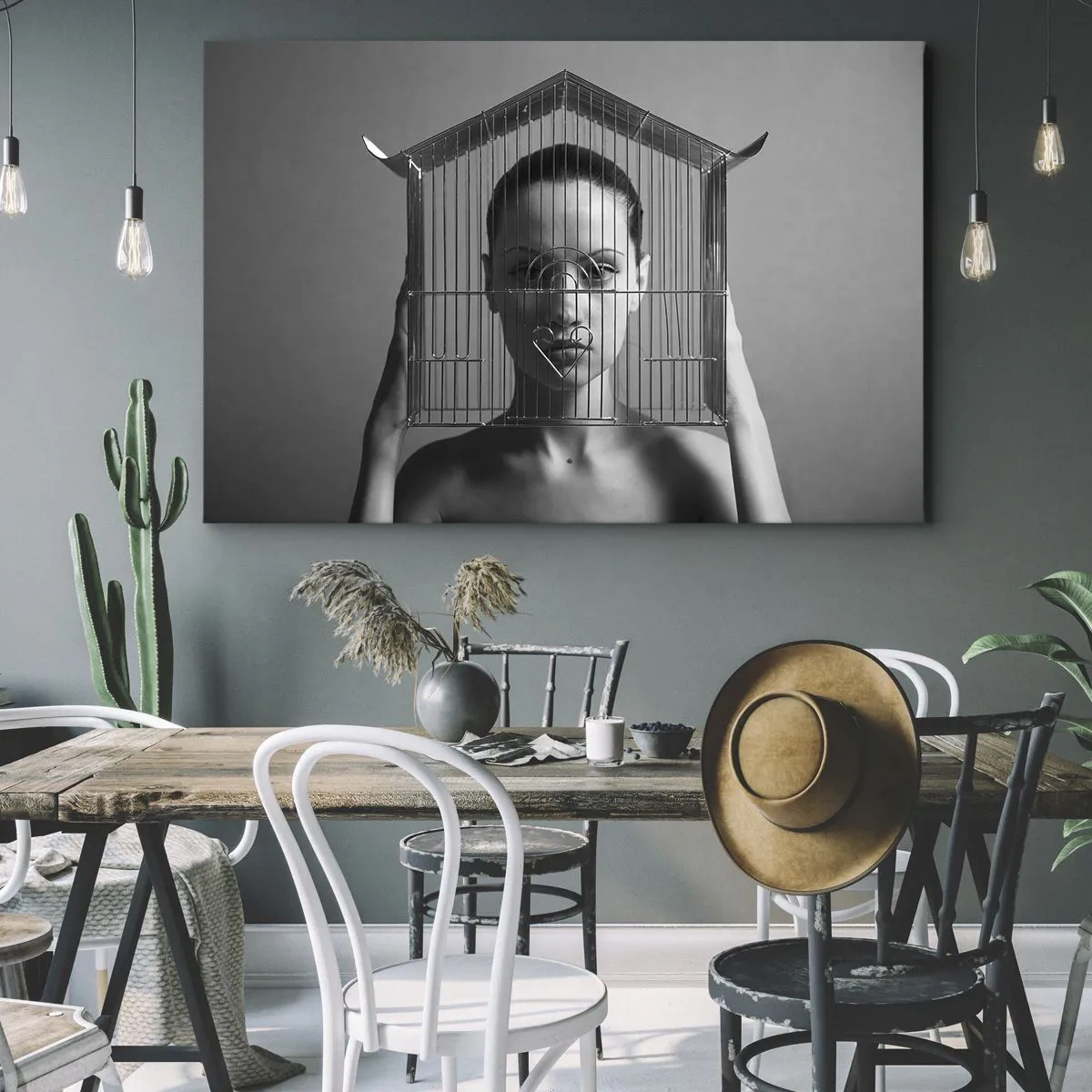 Impression sur toile - Image sur toile - Femme derrière une cage dans un style surréaliste - 100x70cm - Portrait un peu surréaliste - Décoration murale moderne pour le salon et la chambre ARTTOR