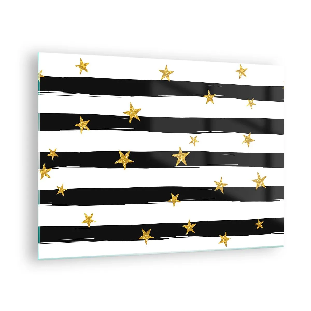 Impression sur verre - Image sur verre - Rayures noires et blanches avec étoiles dorées - 70x50cm - Nous sommes tous nés sous une bonne étoile - Décoration murale moderne pour le salon et la chambre ARTTOR