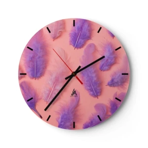 Horloge murale - Pendule murale - Plumes violettes sur fond rose - 30x30cm - Oiseau de désir lilas - Décoration murale moderne pour le salon, la cuisine et la chambre ARTTOR
