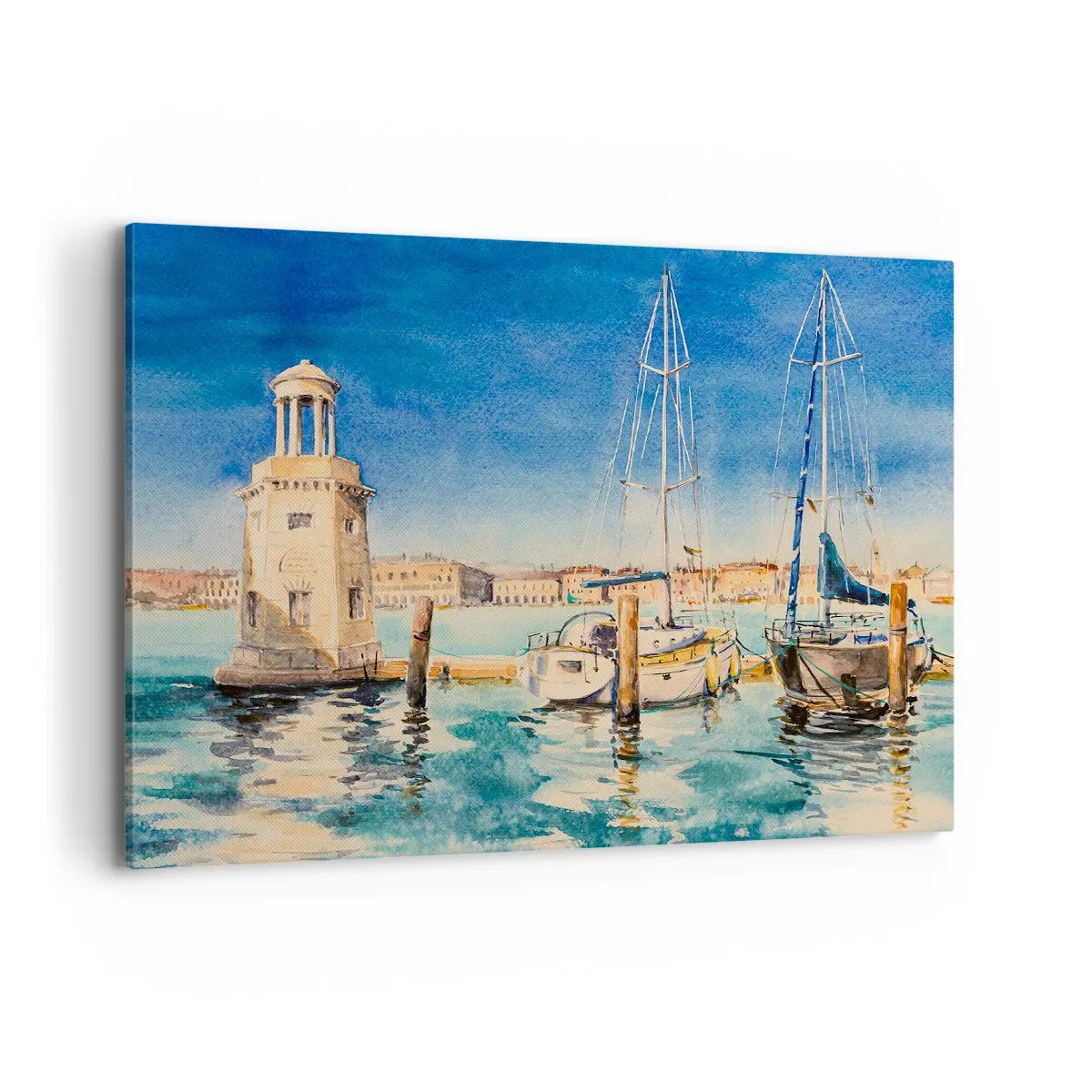 Impression sur toile - Image sur toile - Marina avec bateaux sur fond de lagon bleu - 100x70cm - Lagune ensoleillée - Décoration murale moderne pour le salon et la chambre ARTTOR