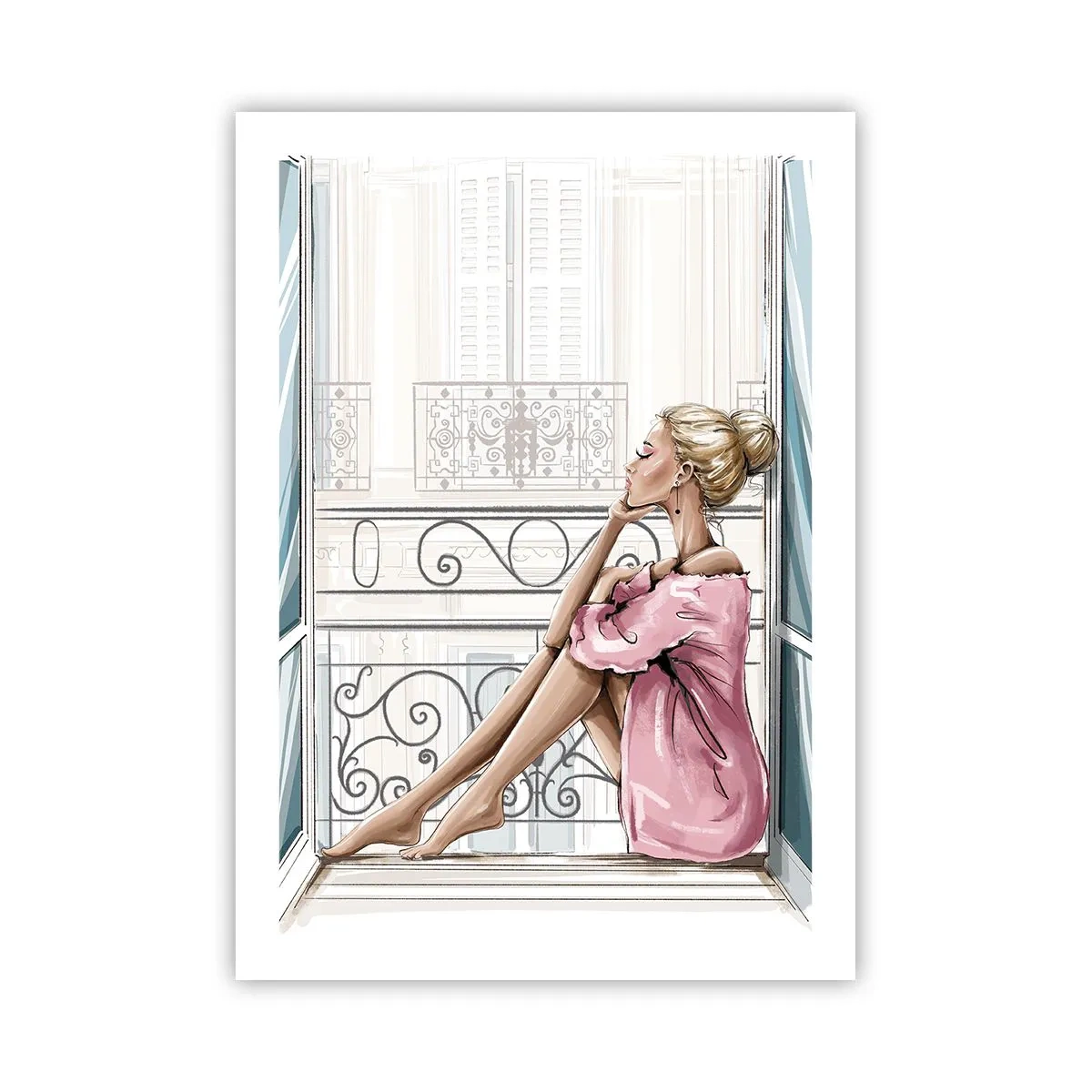 Affiche - Poster - Une femme en peignoir rose assise sur un balcon - 50x70cm - Matinée parisienne - Décoration murale moderne pour le salon et la chambre ARTTOR