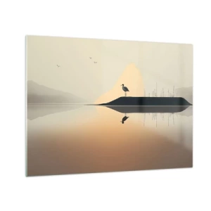 Impression sur verre - Image sur verre - Un héron debout sur une île dans les eaux calmes d'un lac - 70x50cm - Le seigneur du lac - Décoration murale moderne pour le salon et la chambre ARTTOR