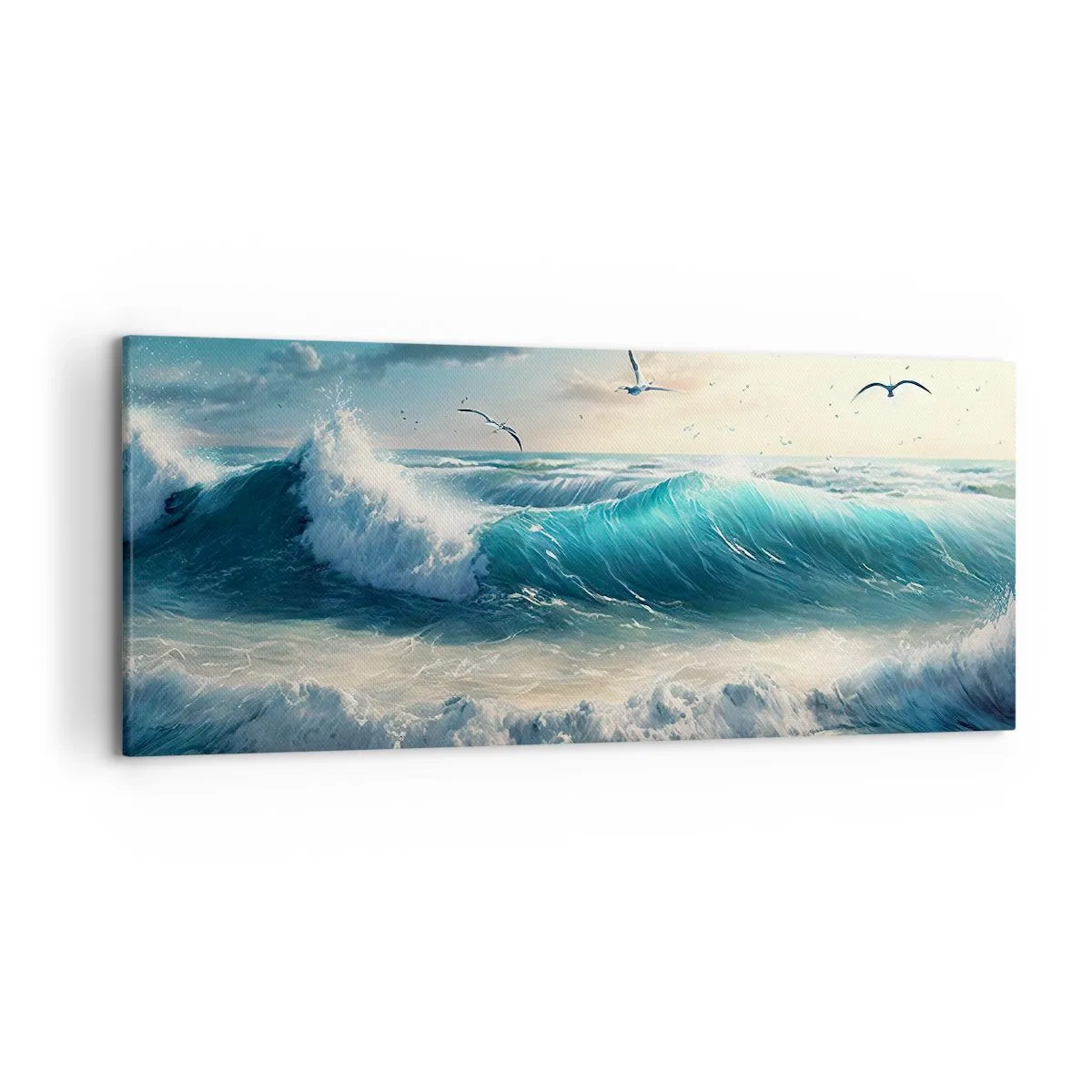 Impression sur toile - Image sur toile - Vagues de la mer sur la plage sous un ciel bleu avec des mouettes - 120x50cm - Ça bourdonne seulement pour toi - Décoration murale moderne pour le salon et la chambre ARTTOR