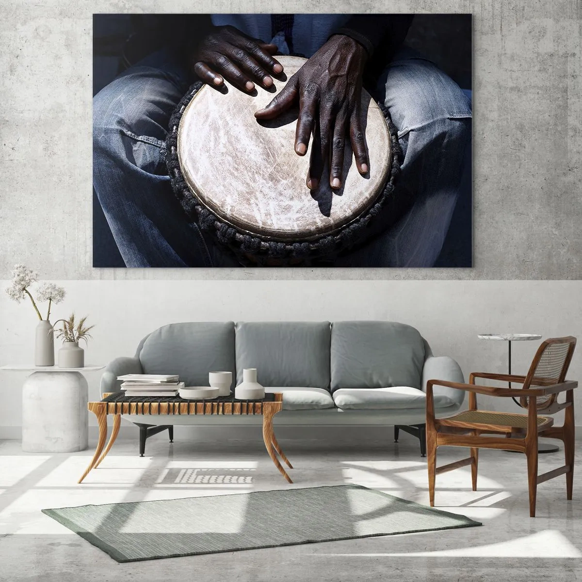 Impression sur verre - Image sur verre - Gros plan de mains jouant du djembé - 70x50cm - Vis à son rythme - Décoration murale moderne pour le salon et la chambre ARTTOR