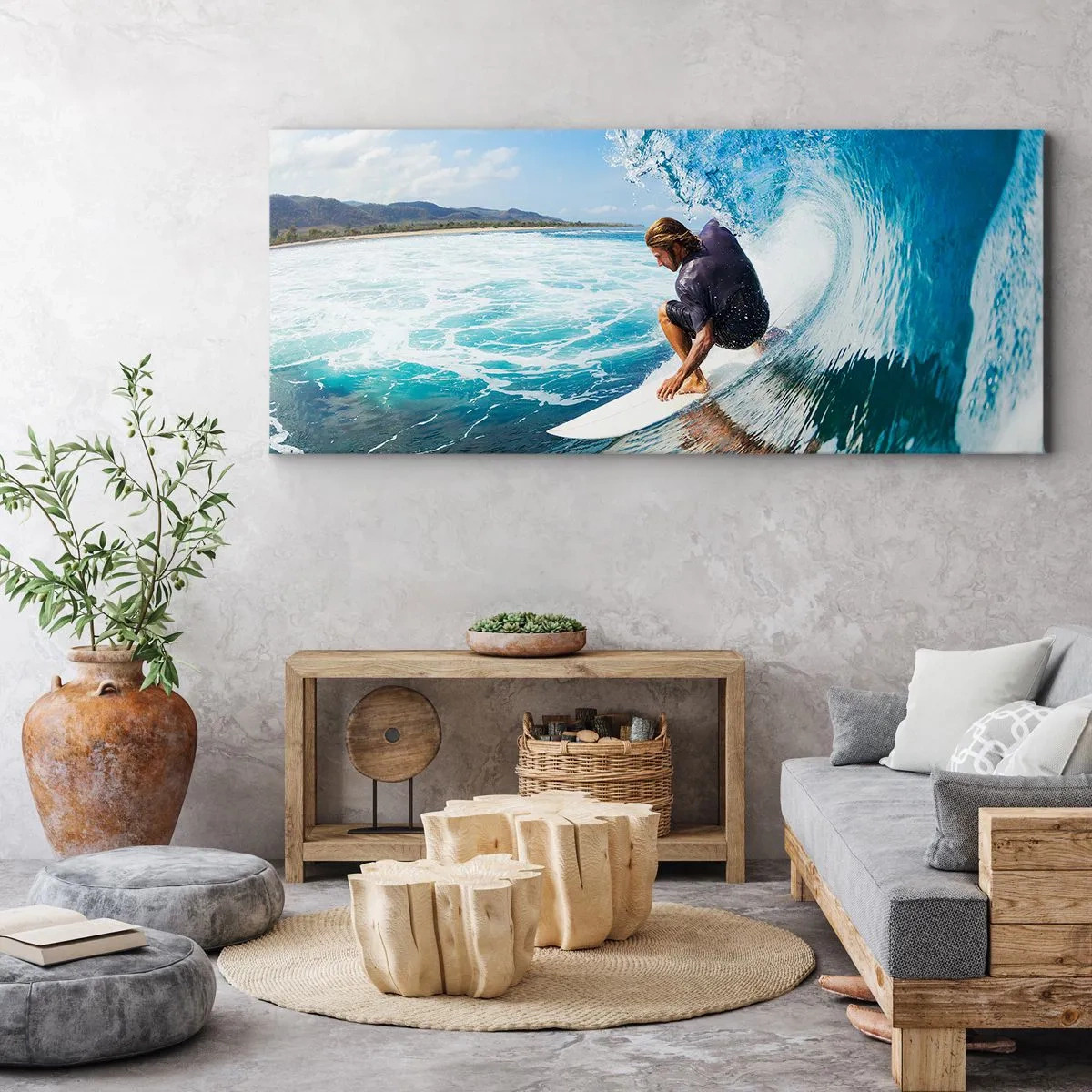 Impression sur toile - Image sur toile - Un surfeur dans une pose dynamique sur une vague dans une eau turquoise. - 120x50cm - Danse avec les vagues - Décoration murale moderne pour le salon et la chambre ARTTOR