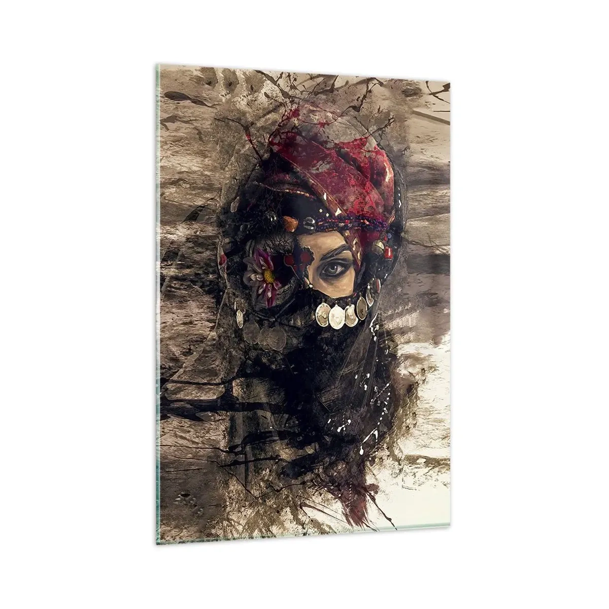 Impression sur verre - Image sur verre - Portrait artistique d'une femme en tenue orientale sur fond abstrait. - 80x120cm - Inquiétant, c'est le moins qu'on puisse dire - Décoration murale moderne pour le salon et la chambre ARTTOR