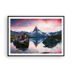 Affiche dans un cadre noir - Poster - Un sommet de montagne se reflétant dans un lac au coucher du soleil - 100x70cm - Le coeur des montagnes est chaud - Décoration murale moderne pour le salon et la chambre ARTTOR