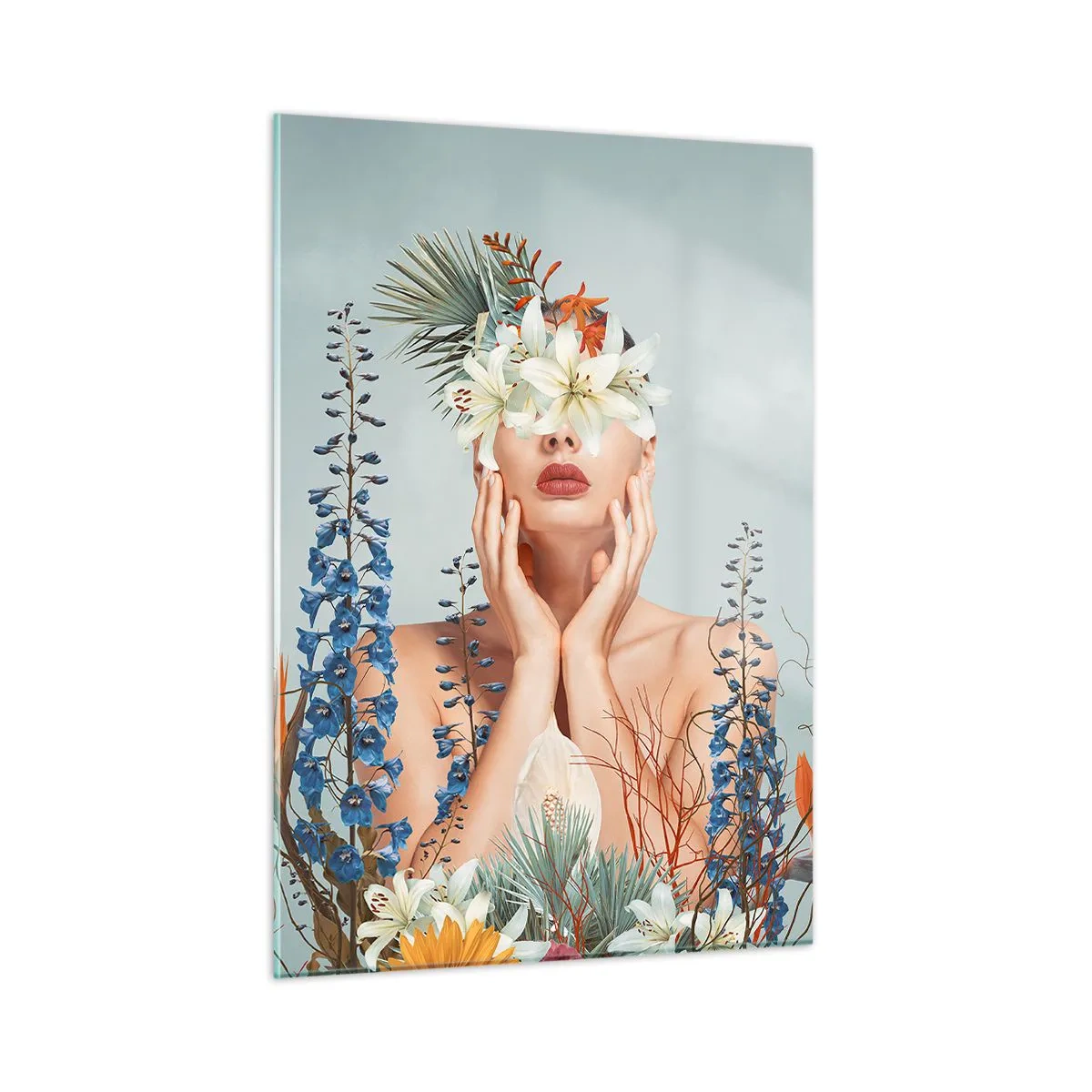 Impression sur verre - Image sur verre - Figure d'une femme avec une couronne de fleurs et une composition florale - 50x70cm - Femme - fleur - Décoration murale moderne pour le salon et la chambre ARTTOR