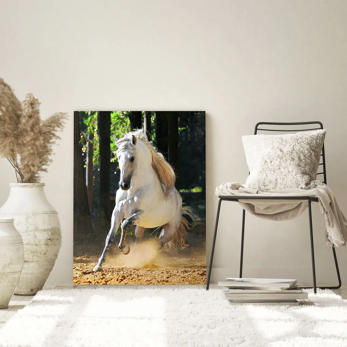 Impression sur verre - Image sur verre - Un cheval blanc galopant dans une clairière forestière - 80x120cm - Comme dans un roman fantastique - Décoration murale moderne pour le salon et la chambre ARTTOR